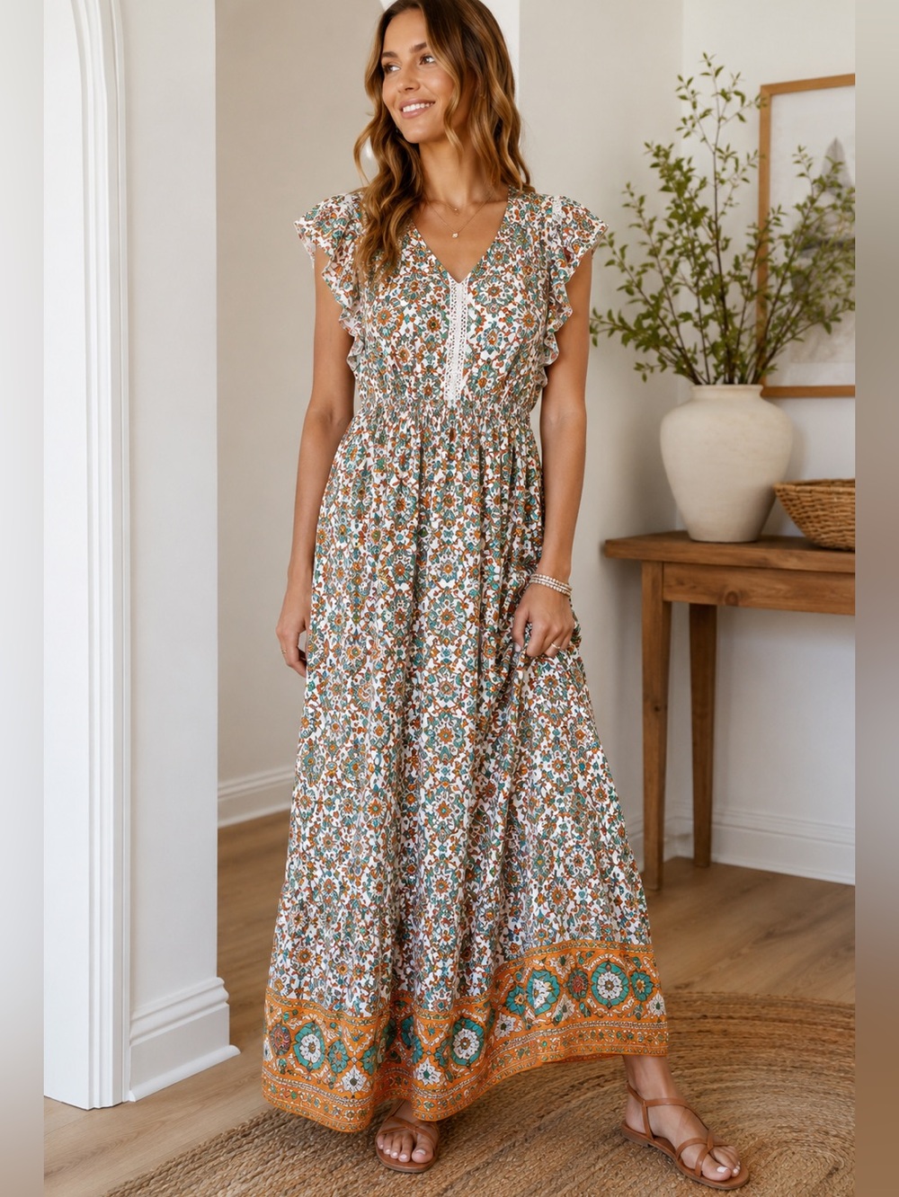 Boho Medallion Print Maxi Dress Flutter Sleeve Smocked Waist Cottagecore Boho